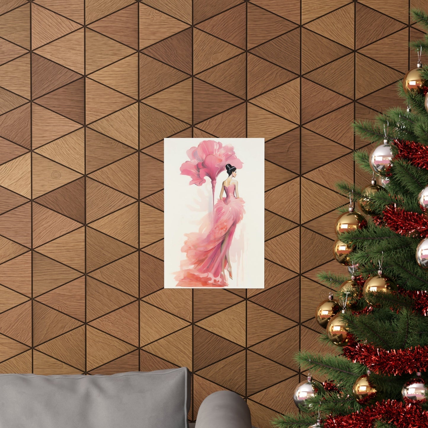 A christmas tree with a pink flaming in the center
