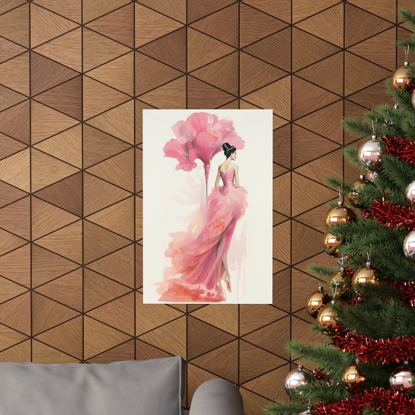 A christmas tree with a pink flower in the center