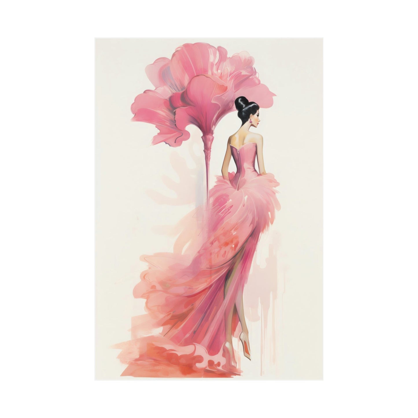 A woman in a pink dress with a large flower