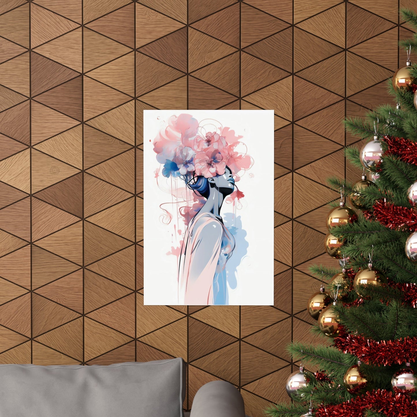 A christmas tree with a pink and blue flower