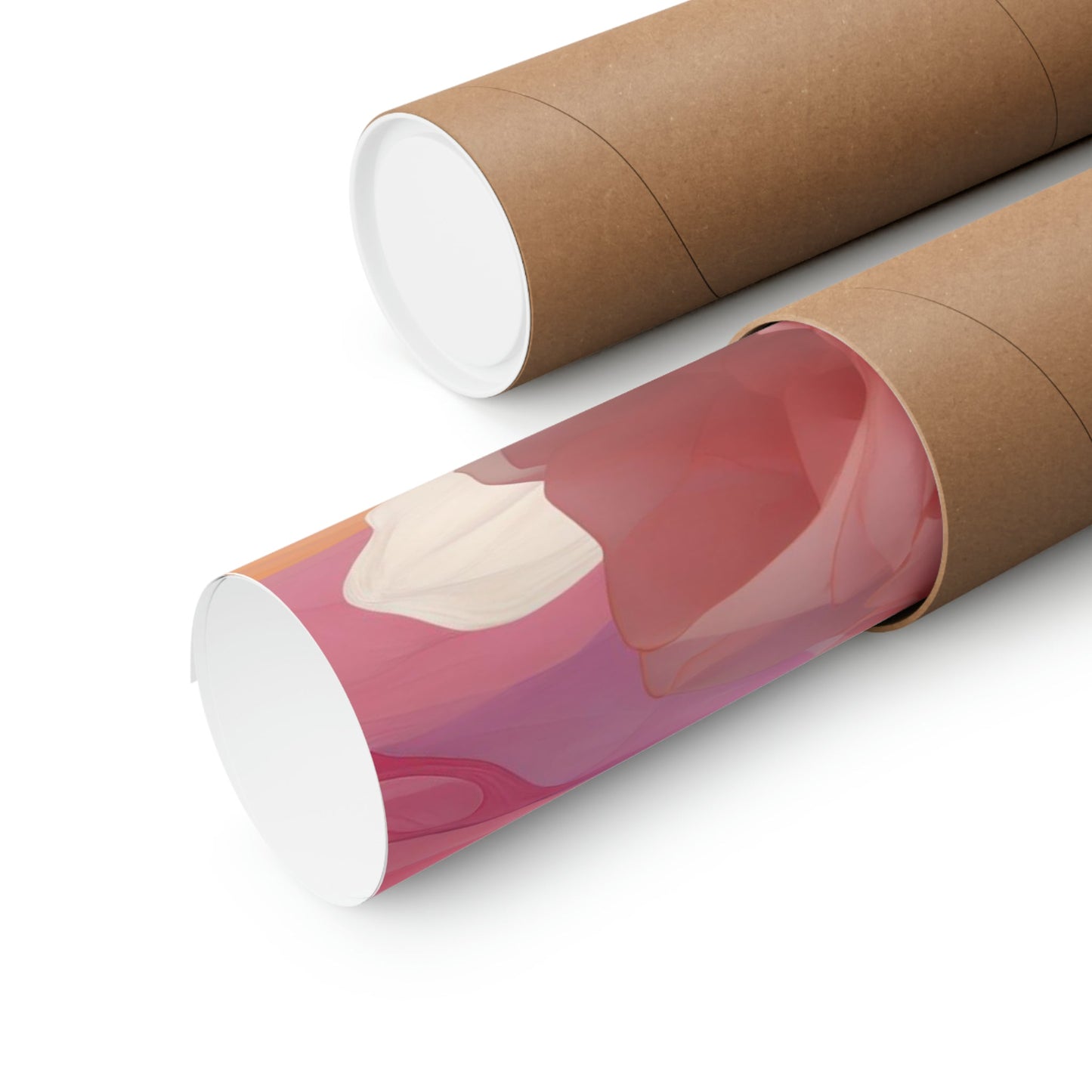 Two rolls of brown paper with pink and white designs