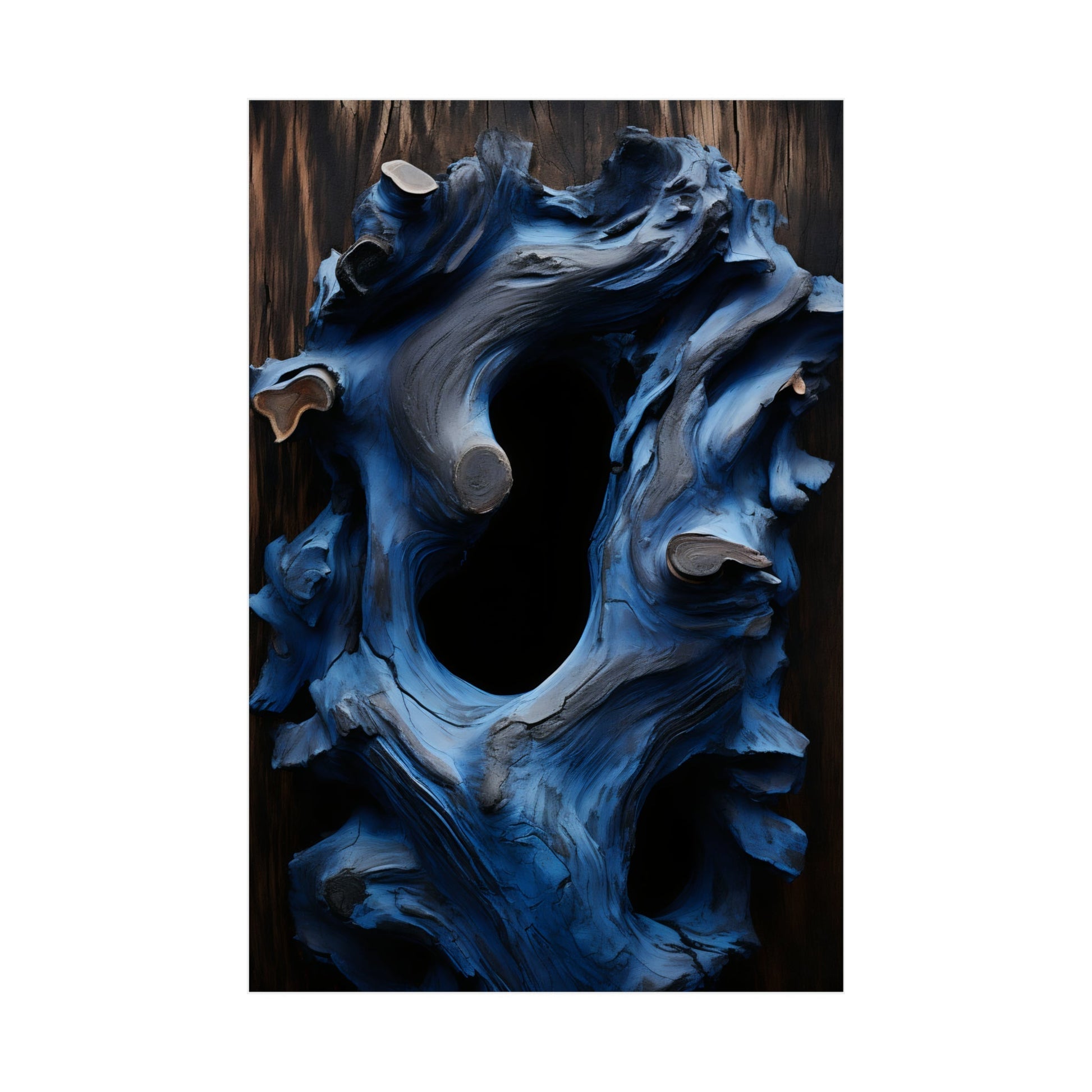 Abstract blue and white swirling form with a hollow center resembling organic shapes.