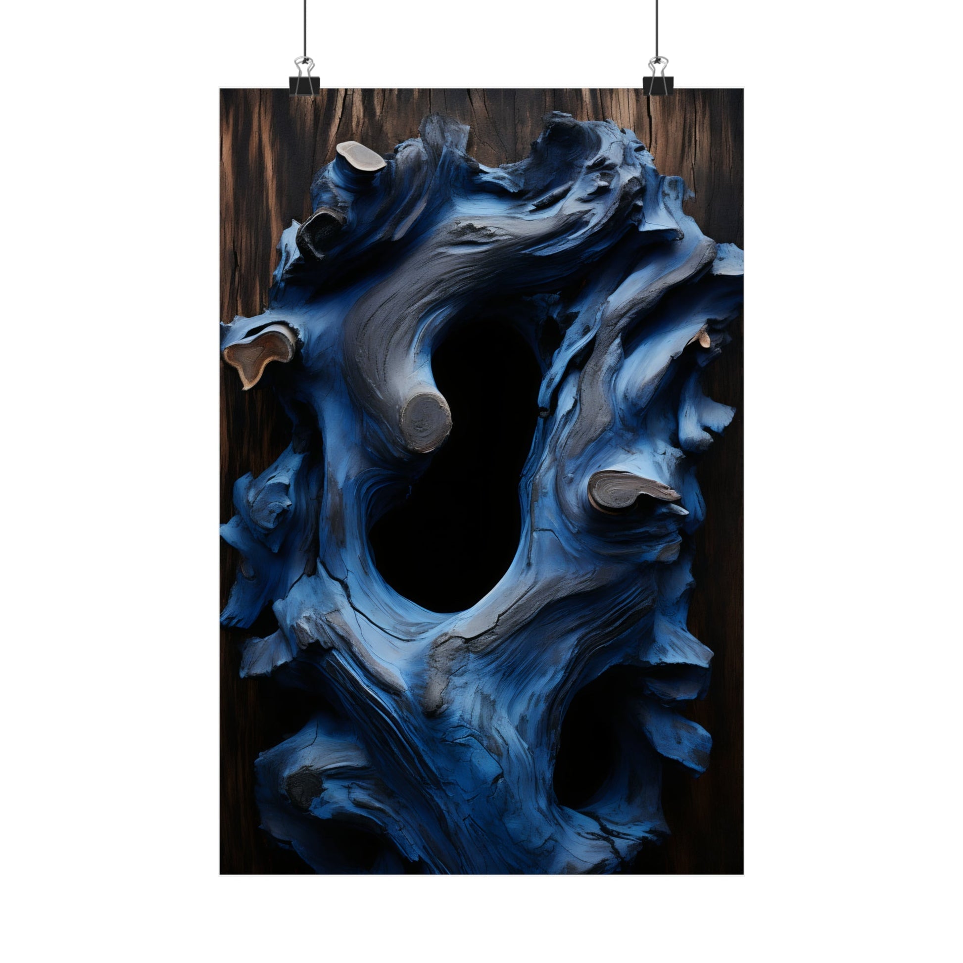Abstract painting featuring swirling blue and black shapes with a central void-like opening.