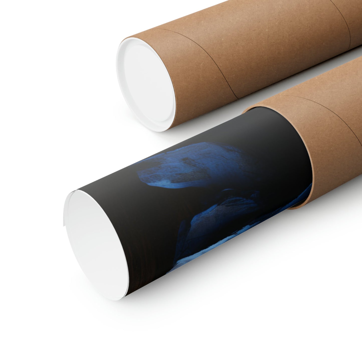 Two cylindrical tubes or rolls, one plain brown and one with a dark image visible on its surface.
