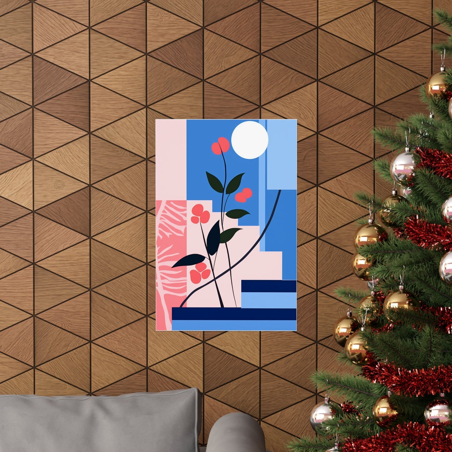 A christmas tree with a red rose on it