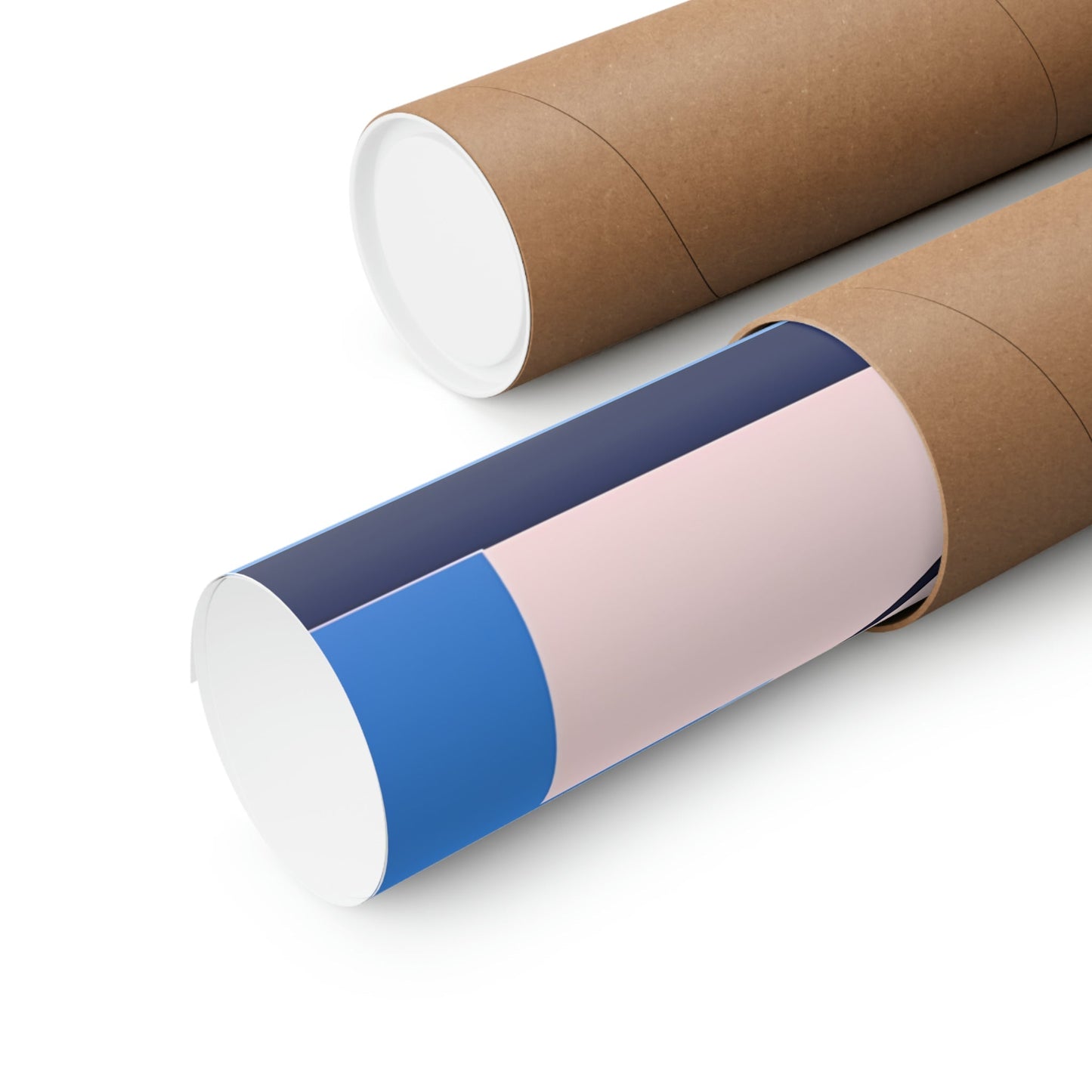 Two rolls of brown paper with blue and white stripes