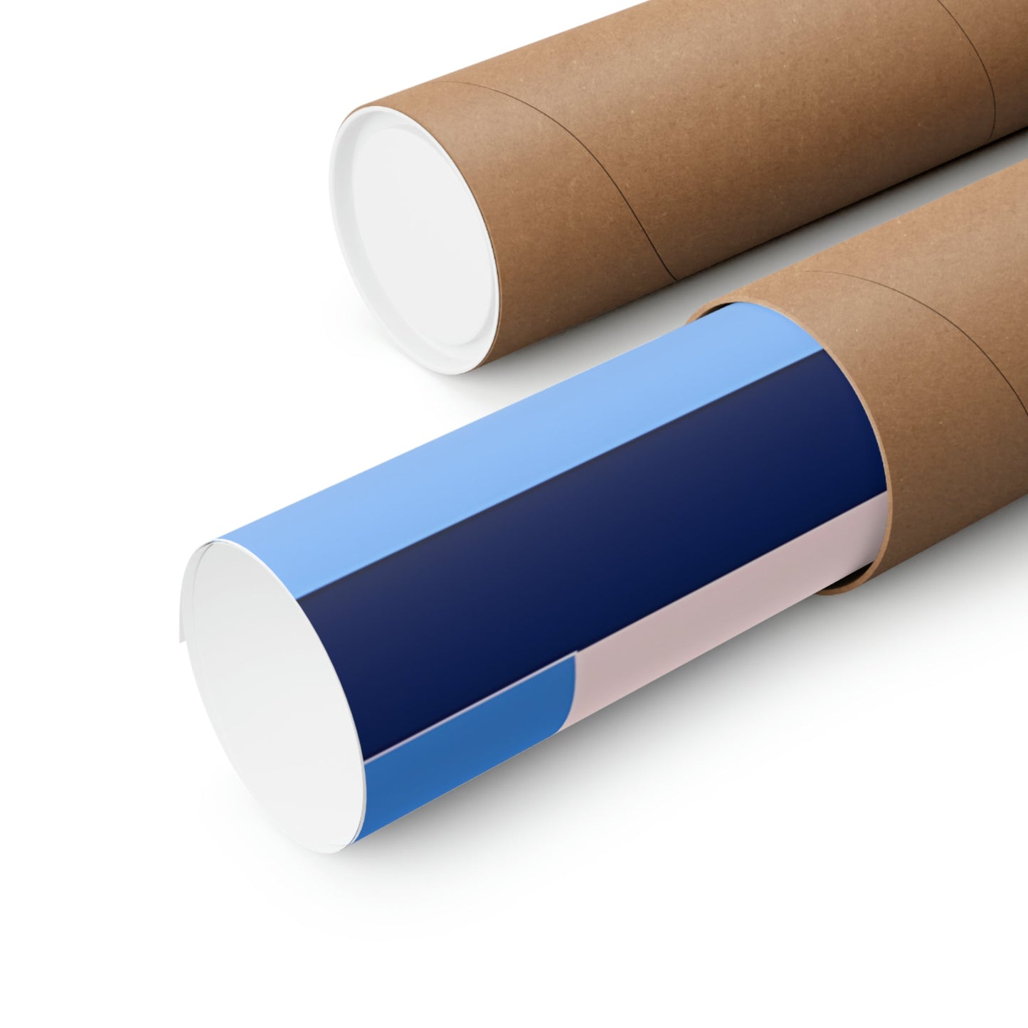 Two rolls of brown paper with blue and white stripes