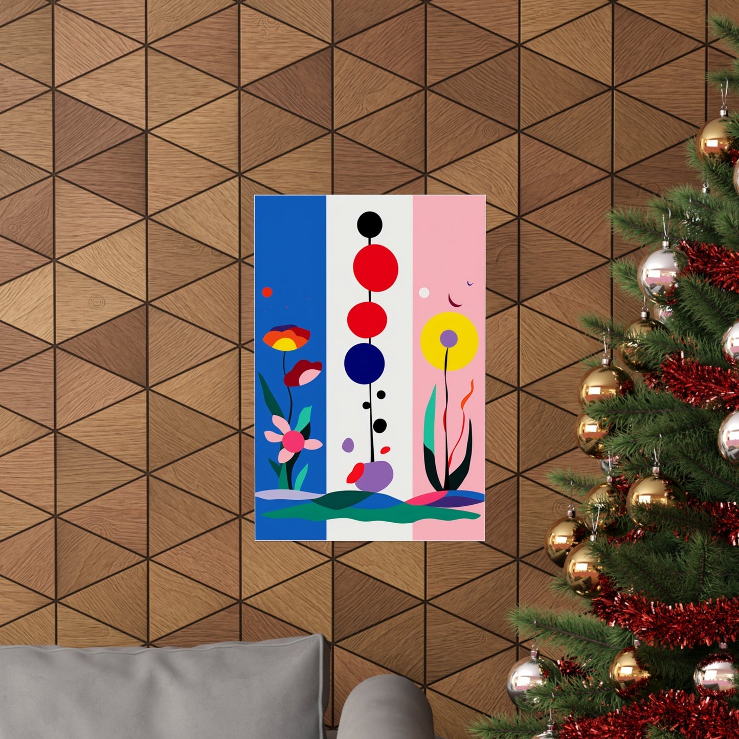 A christmas tree with a colorful abstract painting