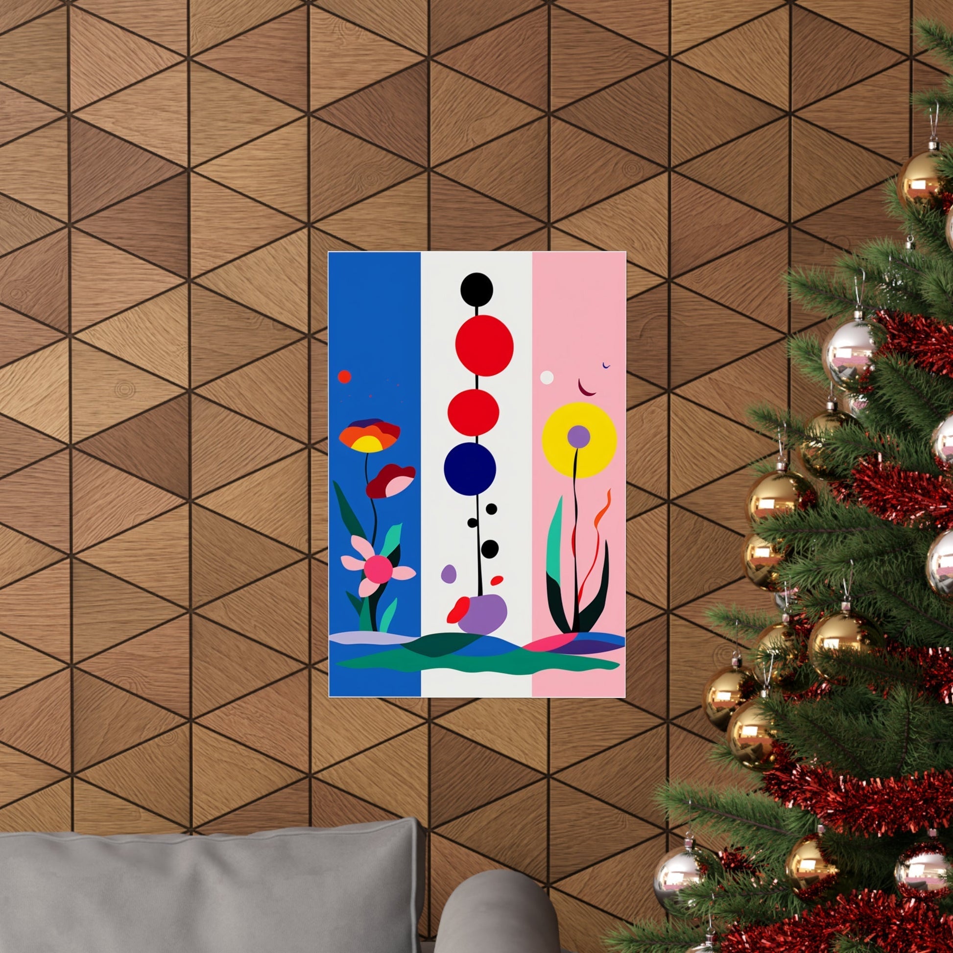 A christmas tree with a colorful abstract painting