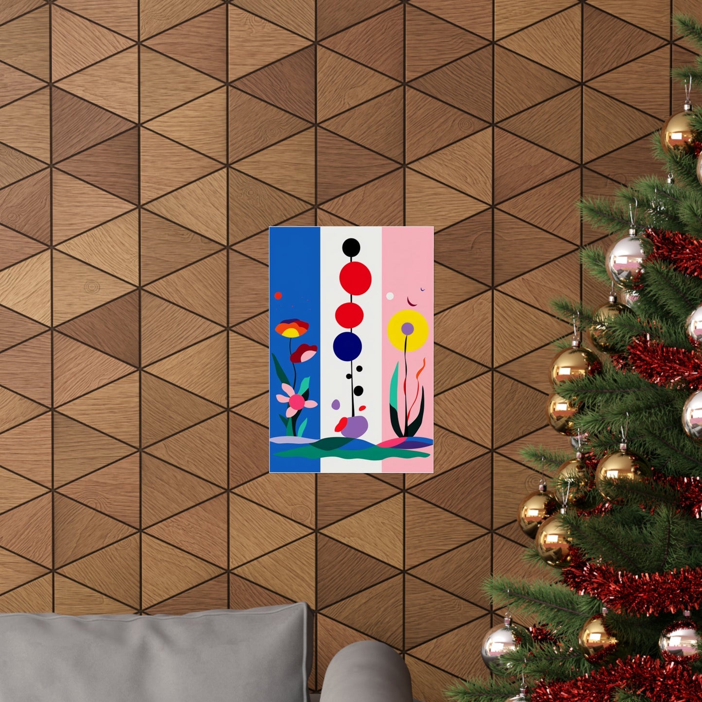 A christmas tree with a colorful abstract painting