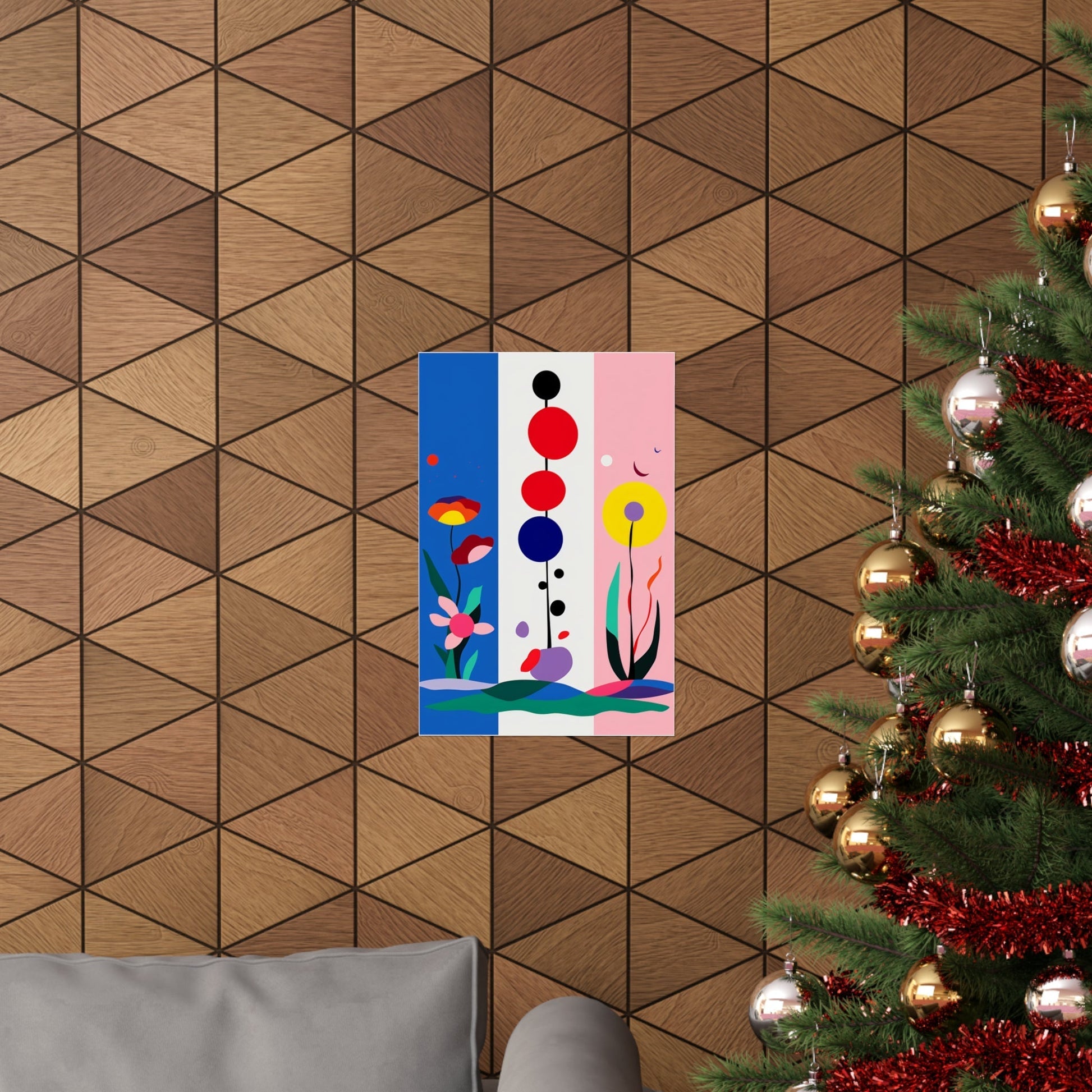 A christmas tree with a colorful abstract painting