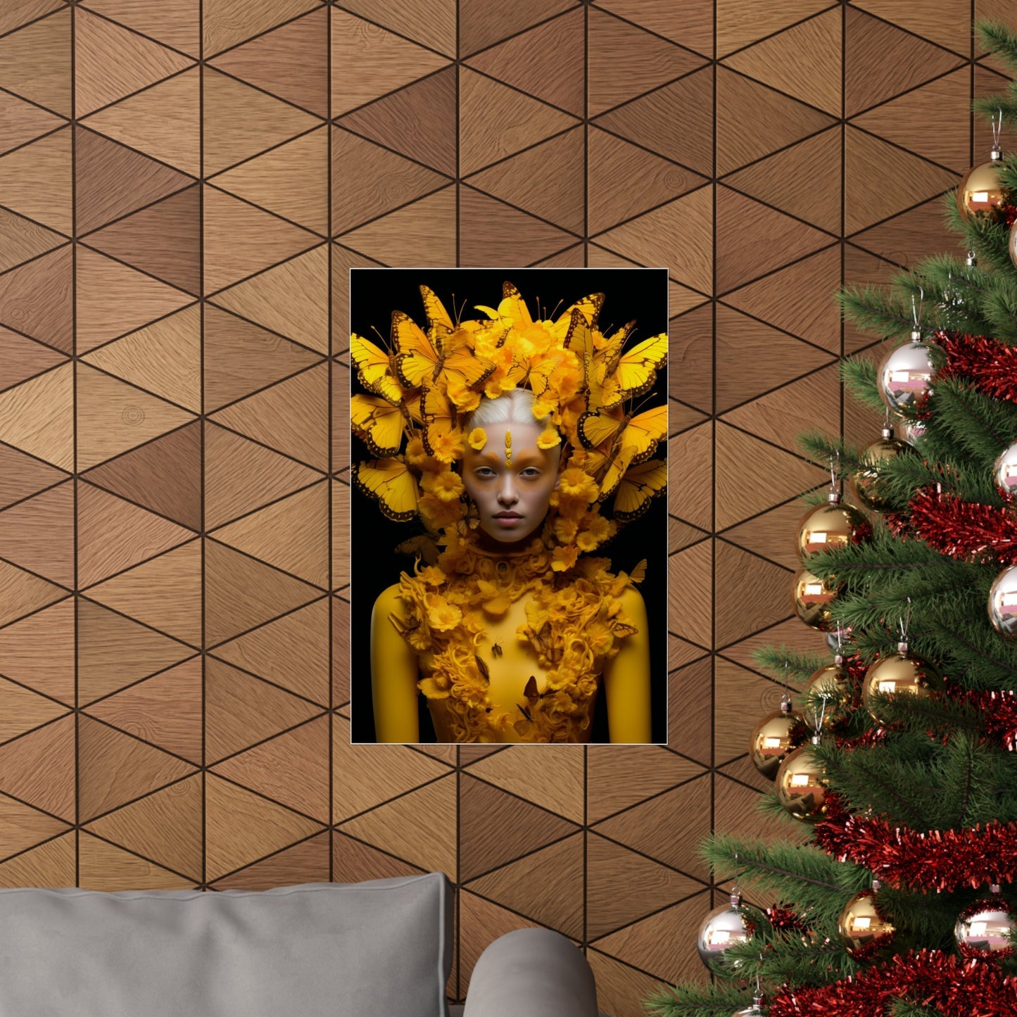 A christmas tree with a picture of a woman in a yellow dress