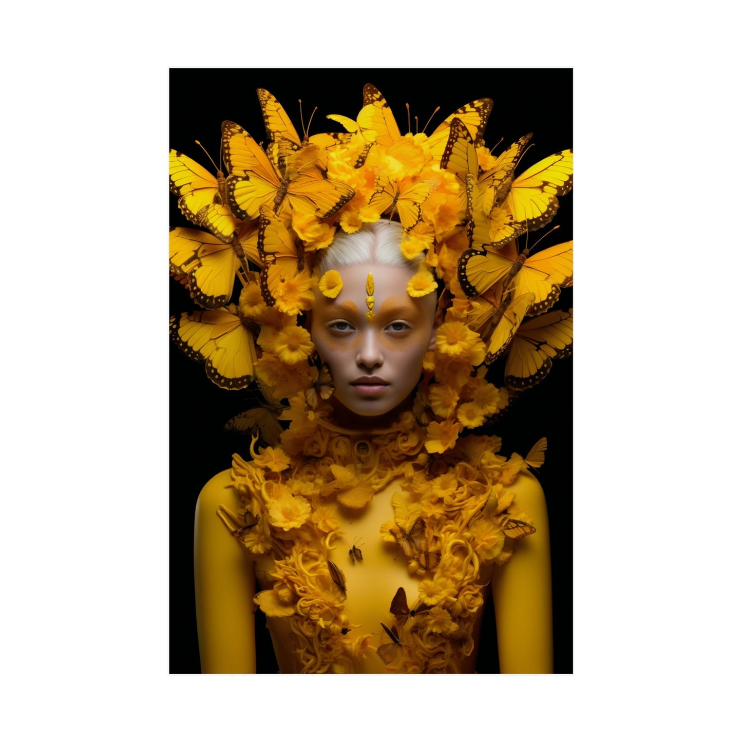A woman with yellow butterflies on her head