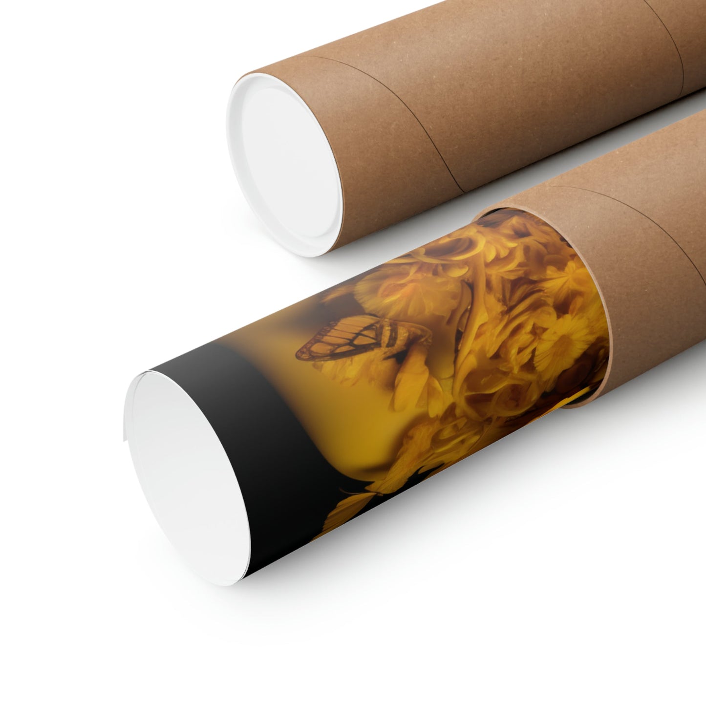 Two rolls of brown paper with a picture of a woman on it