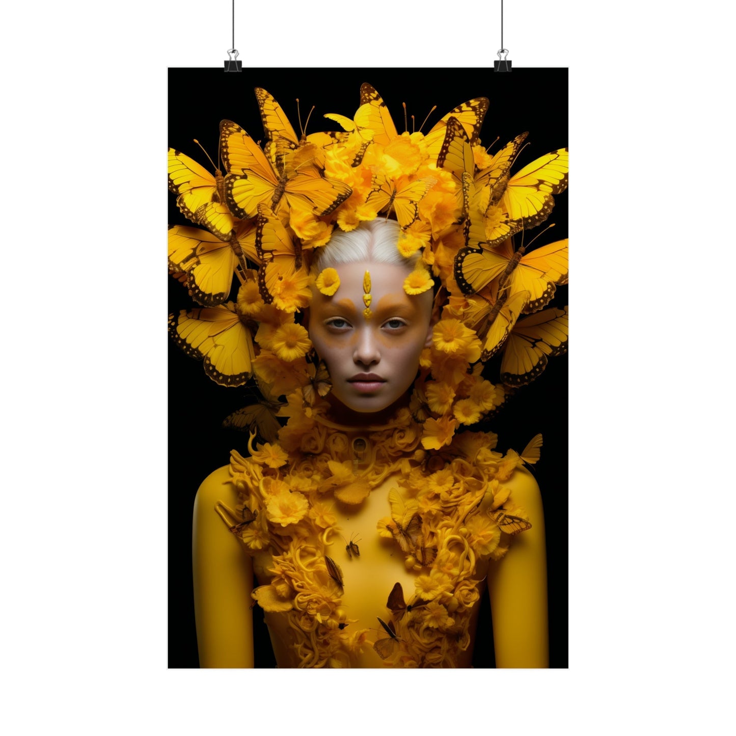 A woman with yellow butterflies on her head