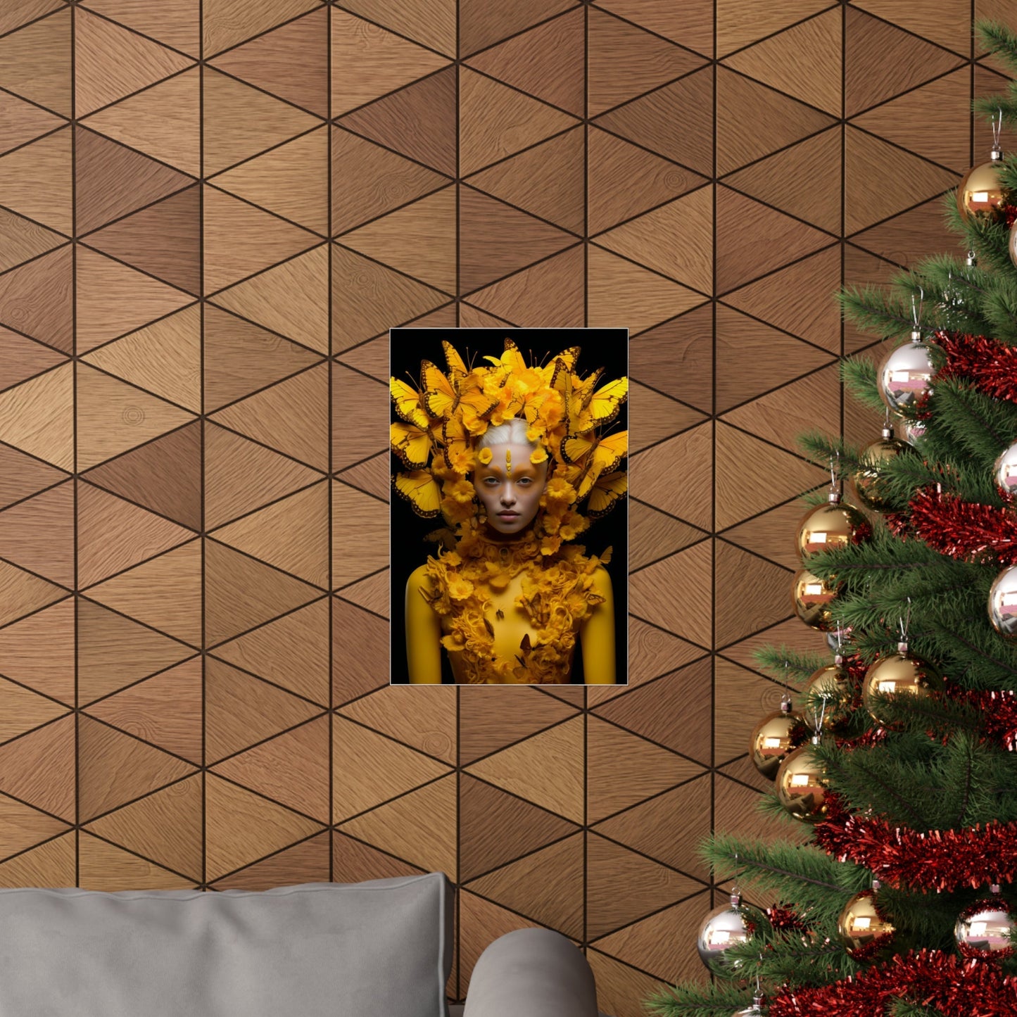 A christmas tree with a picture of a woman in a yellow dress