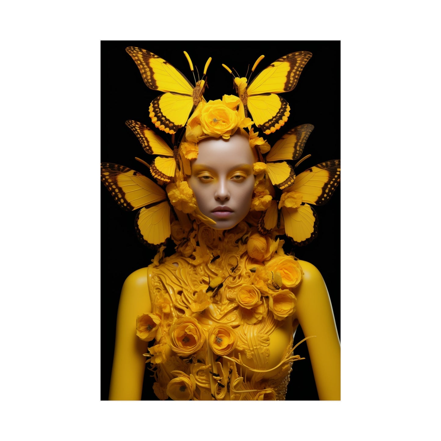 A woman with yellow butterflies on her head