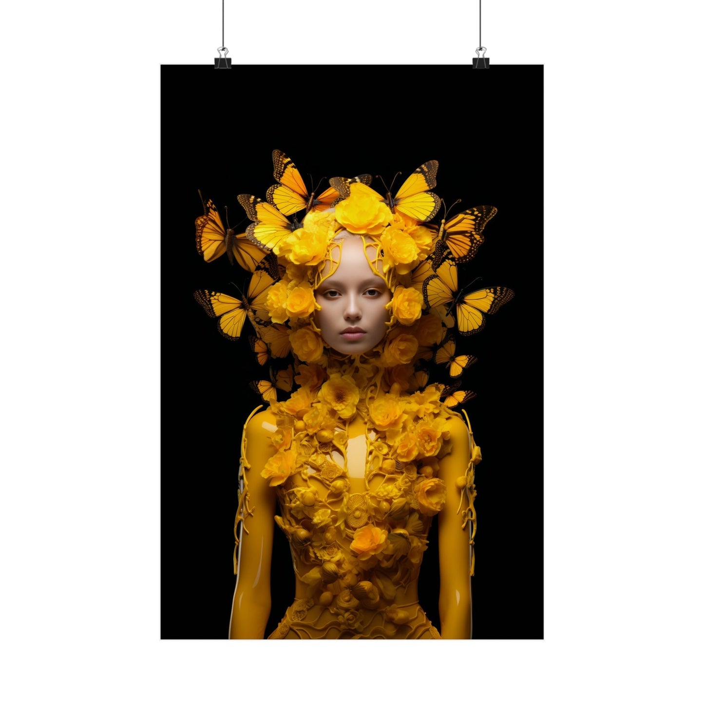 A woman with butterflies on her head and yellow flowers on her head