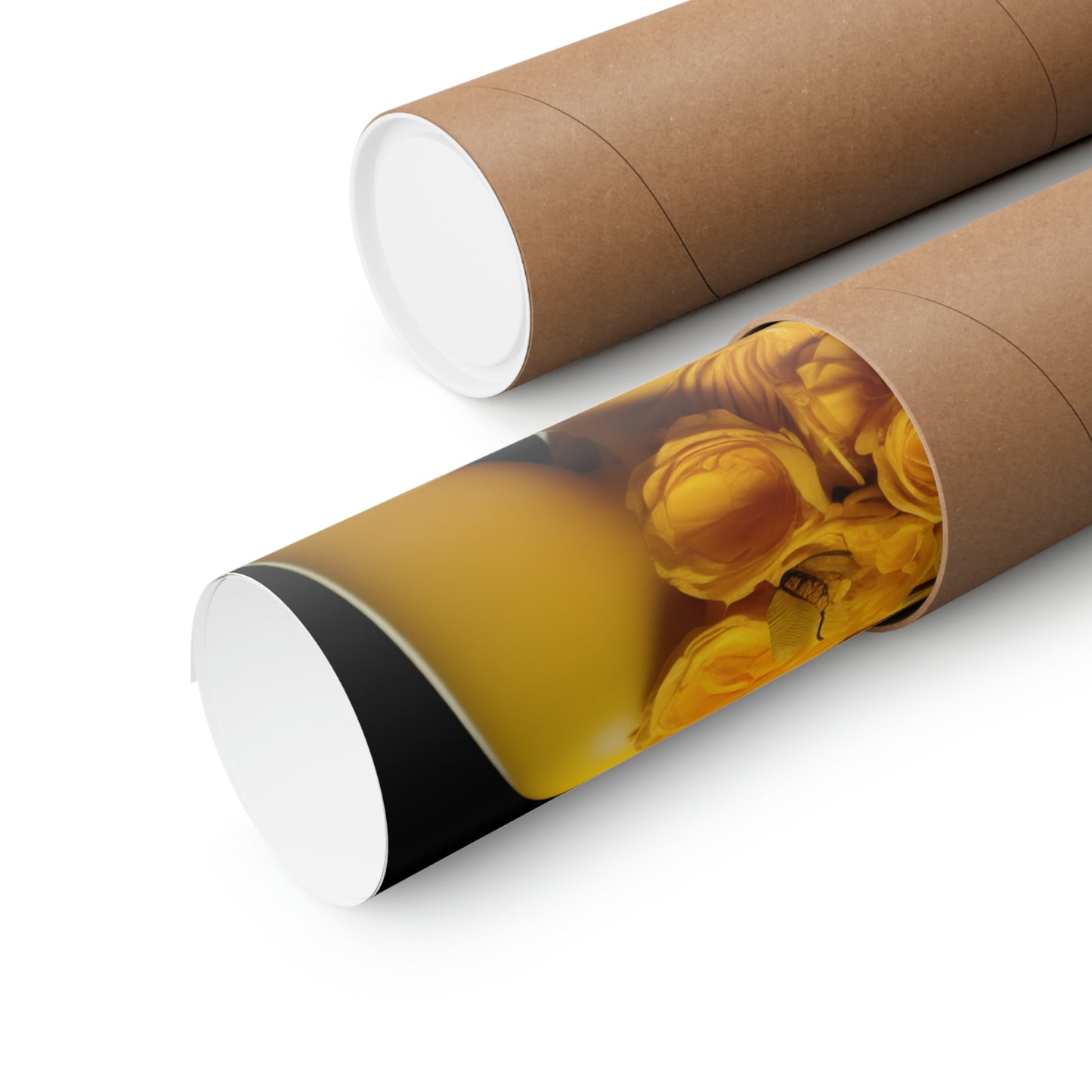 Two rolls of brown paper with a yellow flower on them