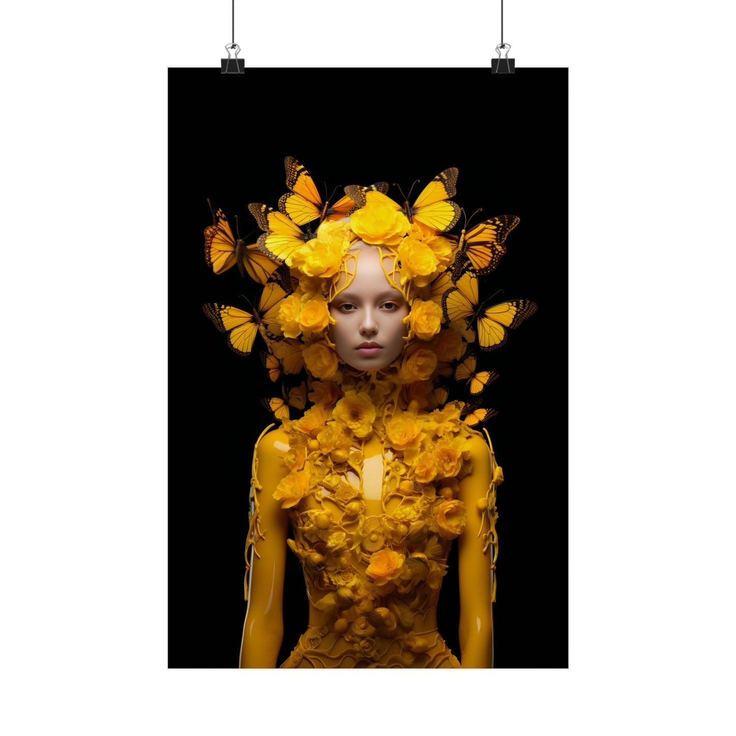 Surreal portrait of a figure adorned with yellow roses and butterflies against a black background.
