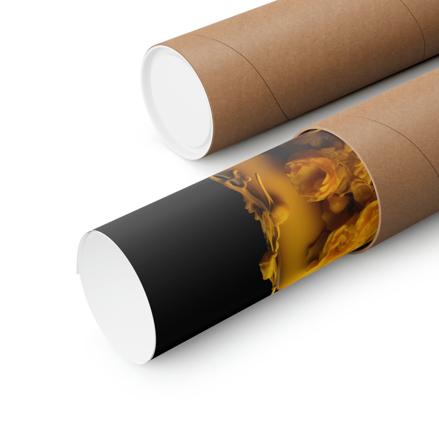 Two rolls of brown paper with a photo of a woman