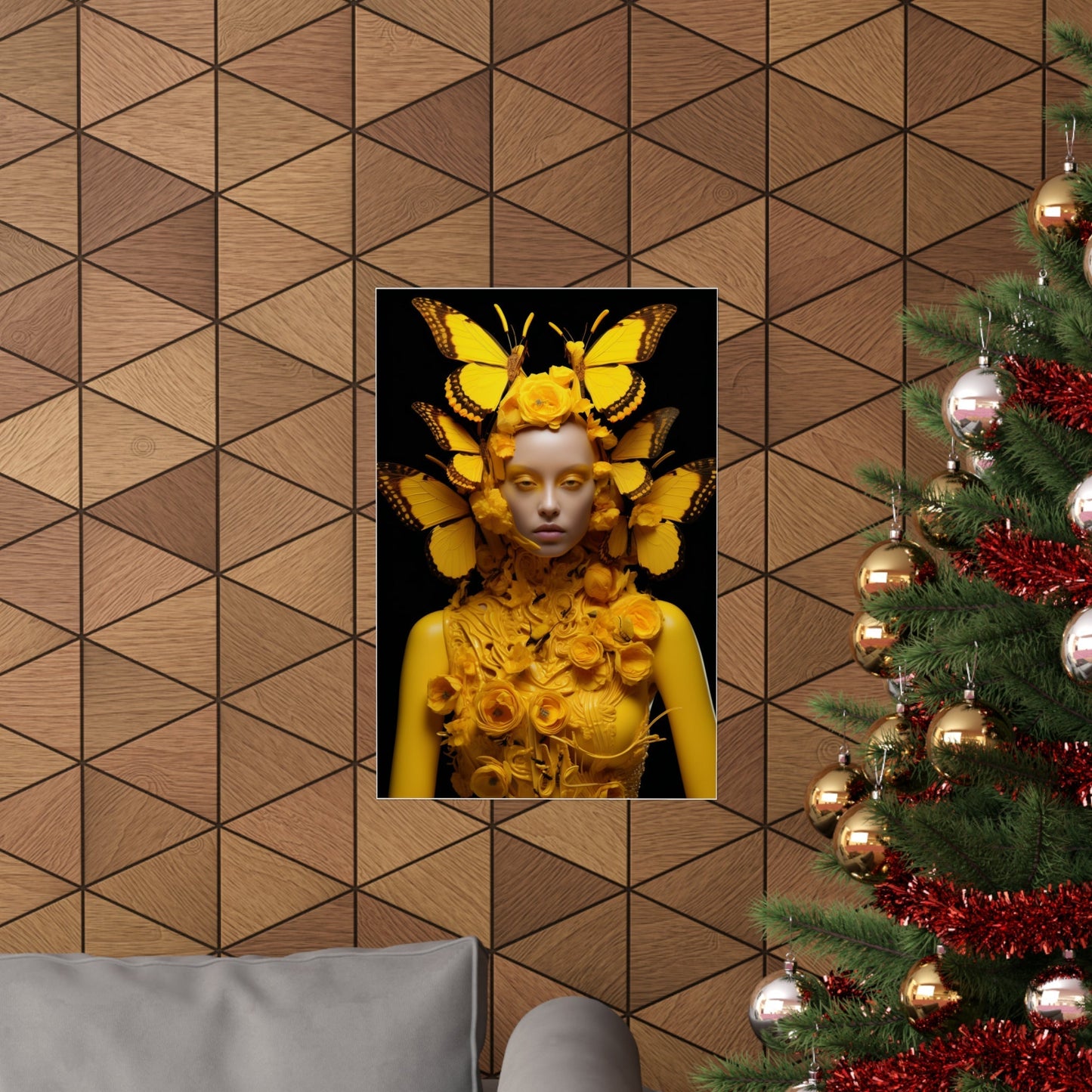 A christmas tree with a picture of a woman in a yellow dress