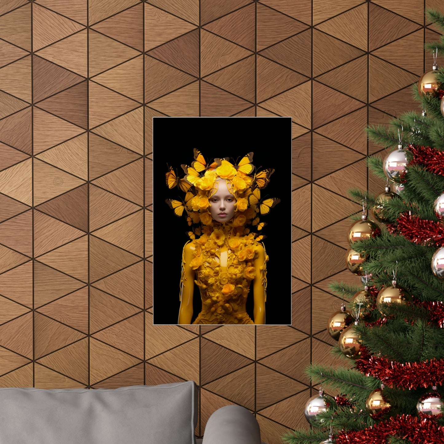 A christmas tree with a picture of a woman in a yellow dress