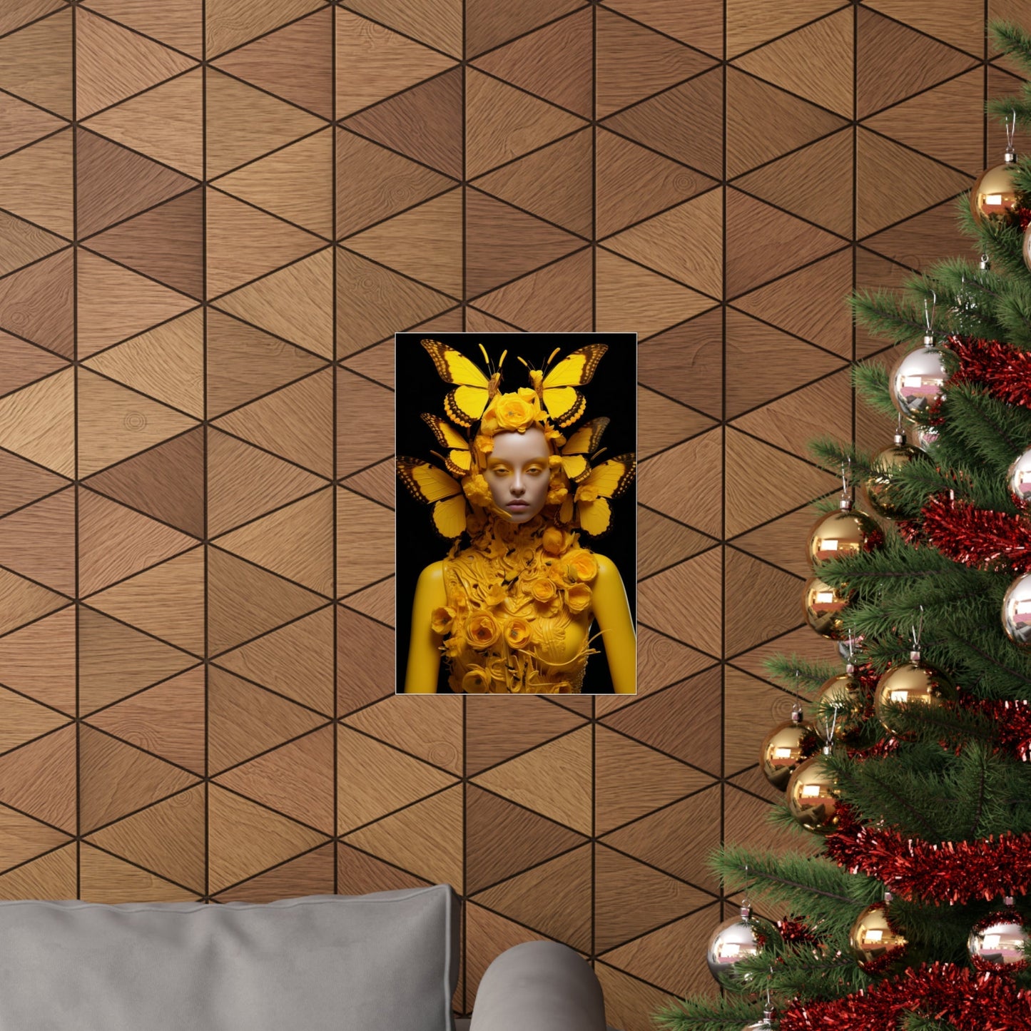 A christmas tree with a picture of a woman in a yellow dress