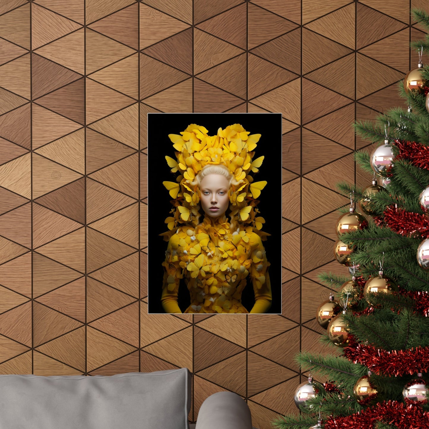 A christmas tree with a picture of a woman in a yellow dress
