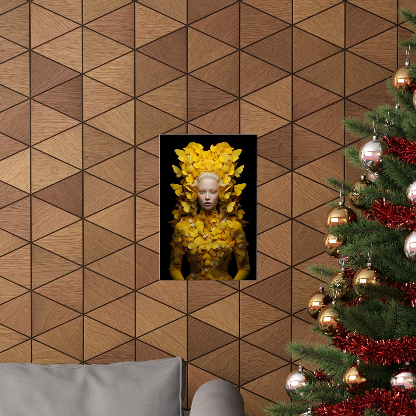 A christmas tree with a picture of a woman in a yellow dress