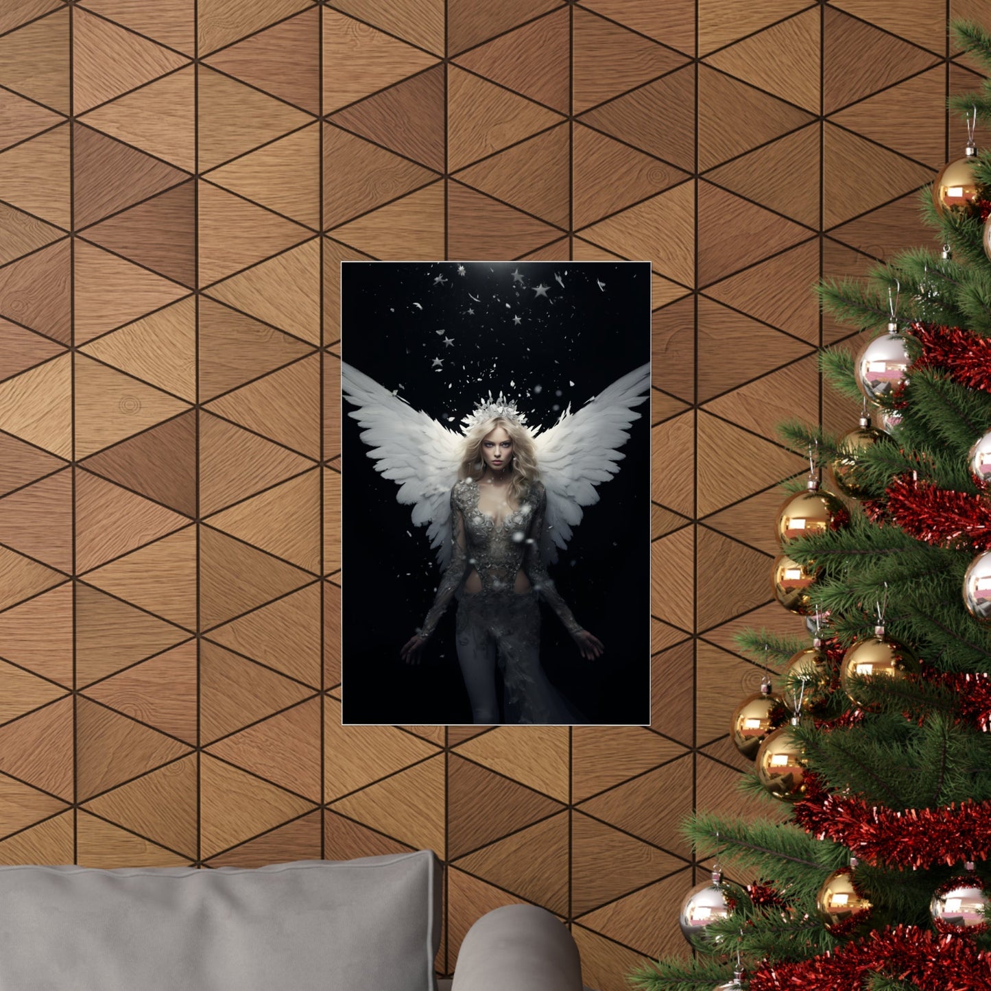 A christmas tree with a picture of an angel