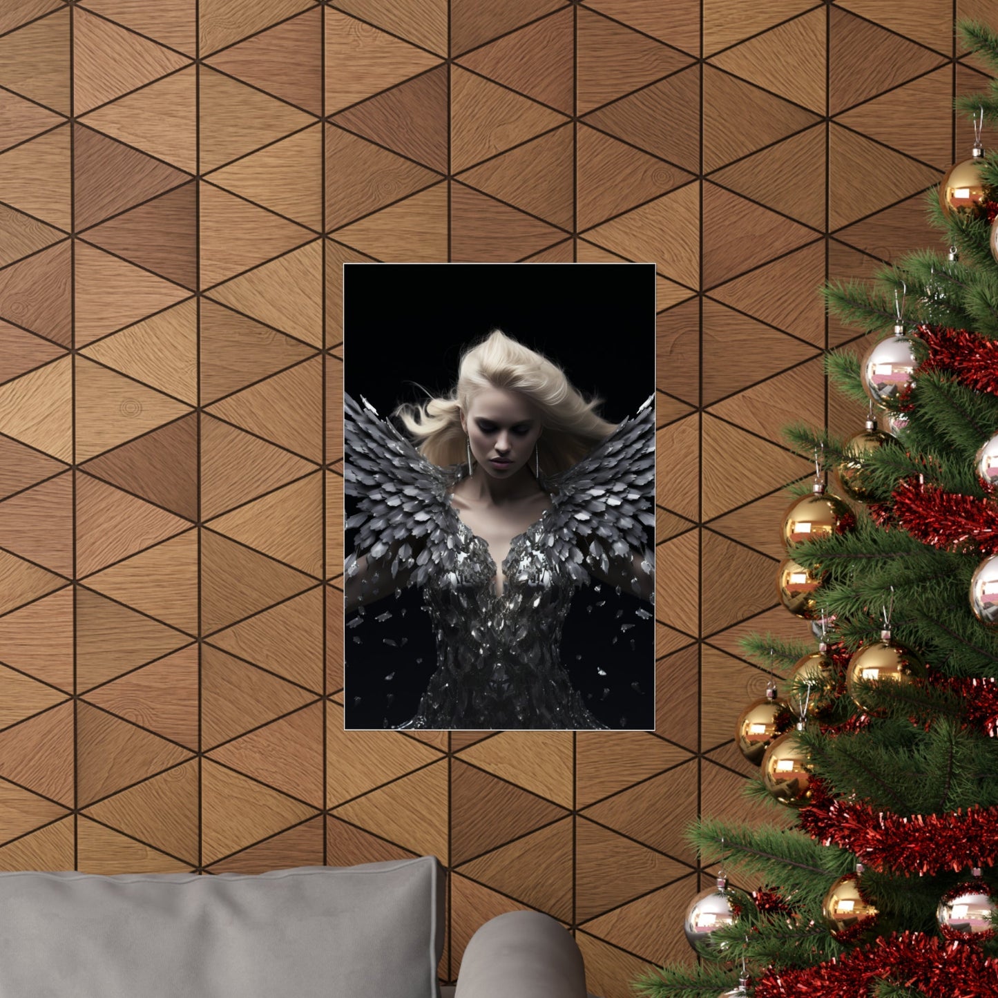 A christmas tree with a picture of a woman in a black dress