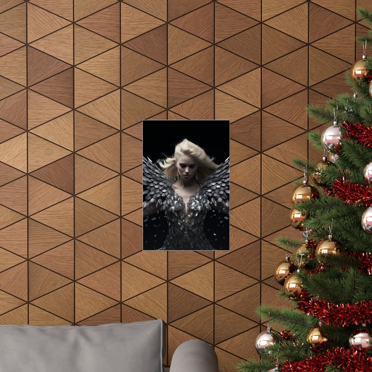 A christmas tree with a picture of a woman