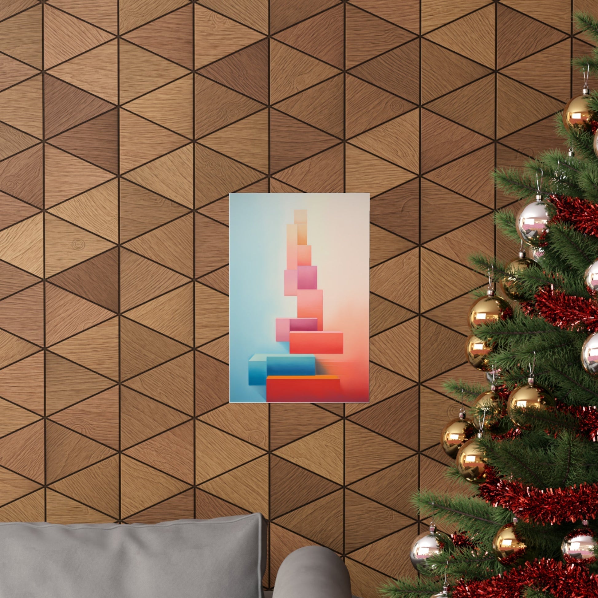 Abstract geometric artwork featuring colorful stacked shapes forming a staircase-like pattern.