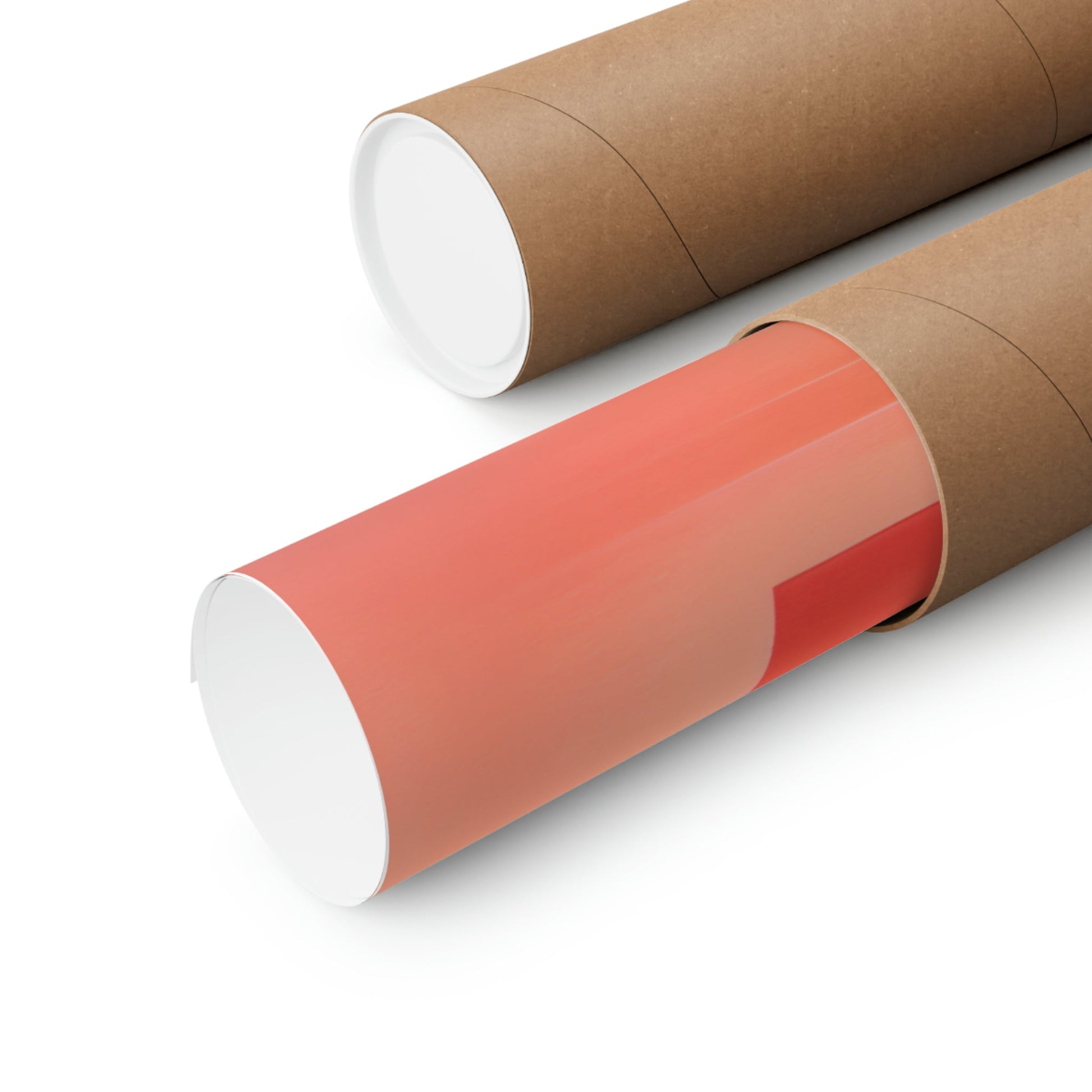 Cylindrical cardboard mailing tubes, one with a red label partially visible.