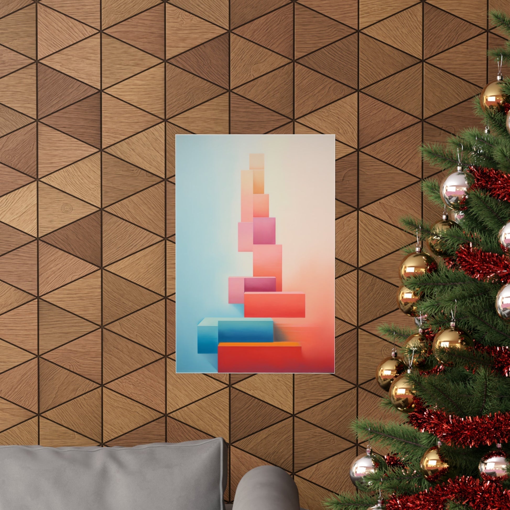 Abstract geometric artwork featuring colorful rectangular shapes arranged in a stair-like pattern.