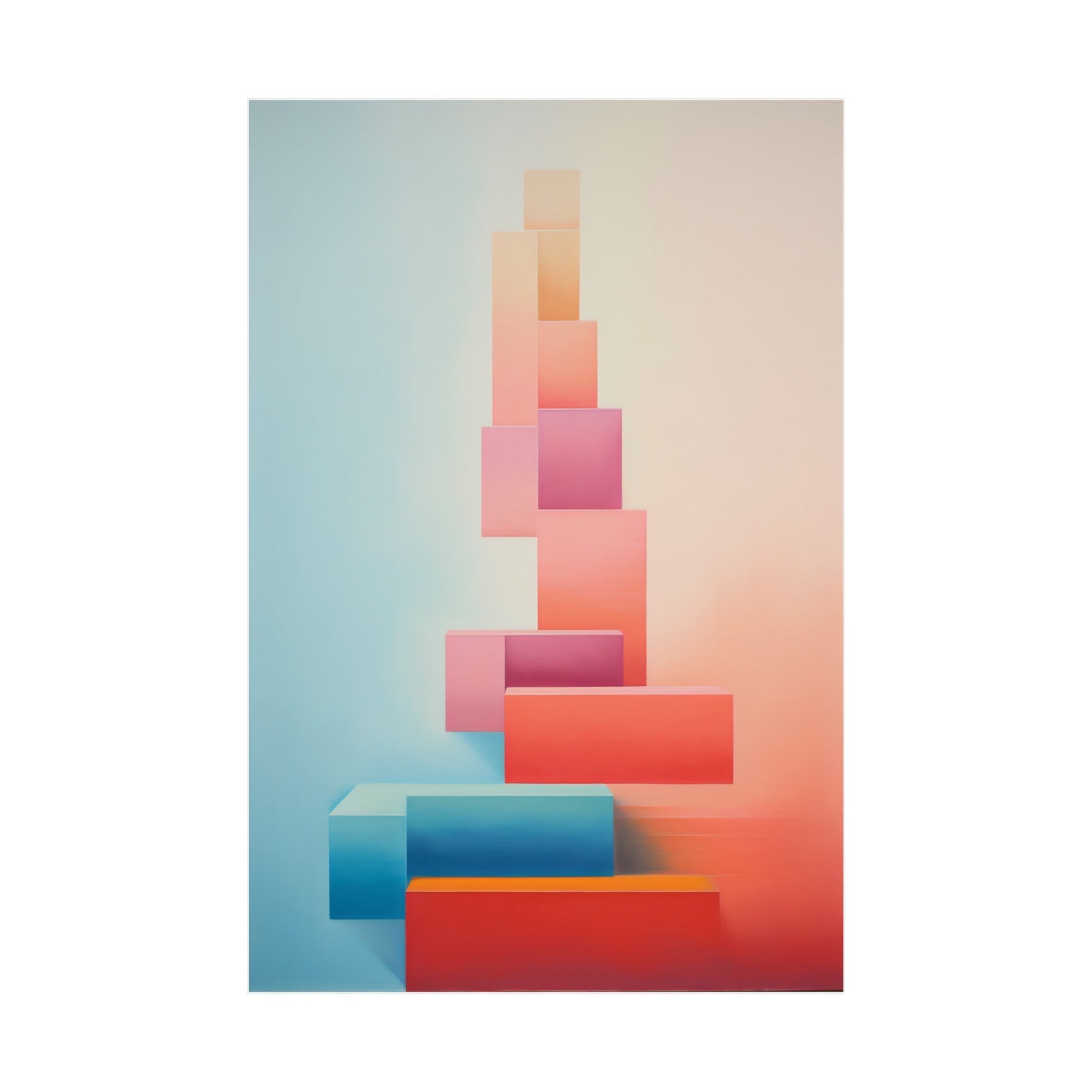 Abstract tower-like structure composed of colorful geometric shapes stacked vertically.