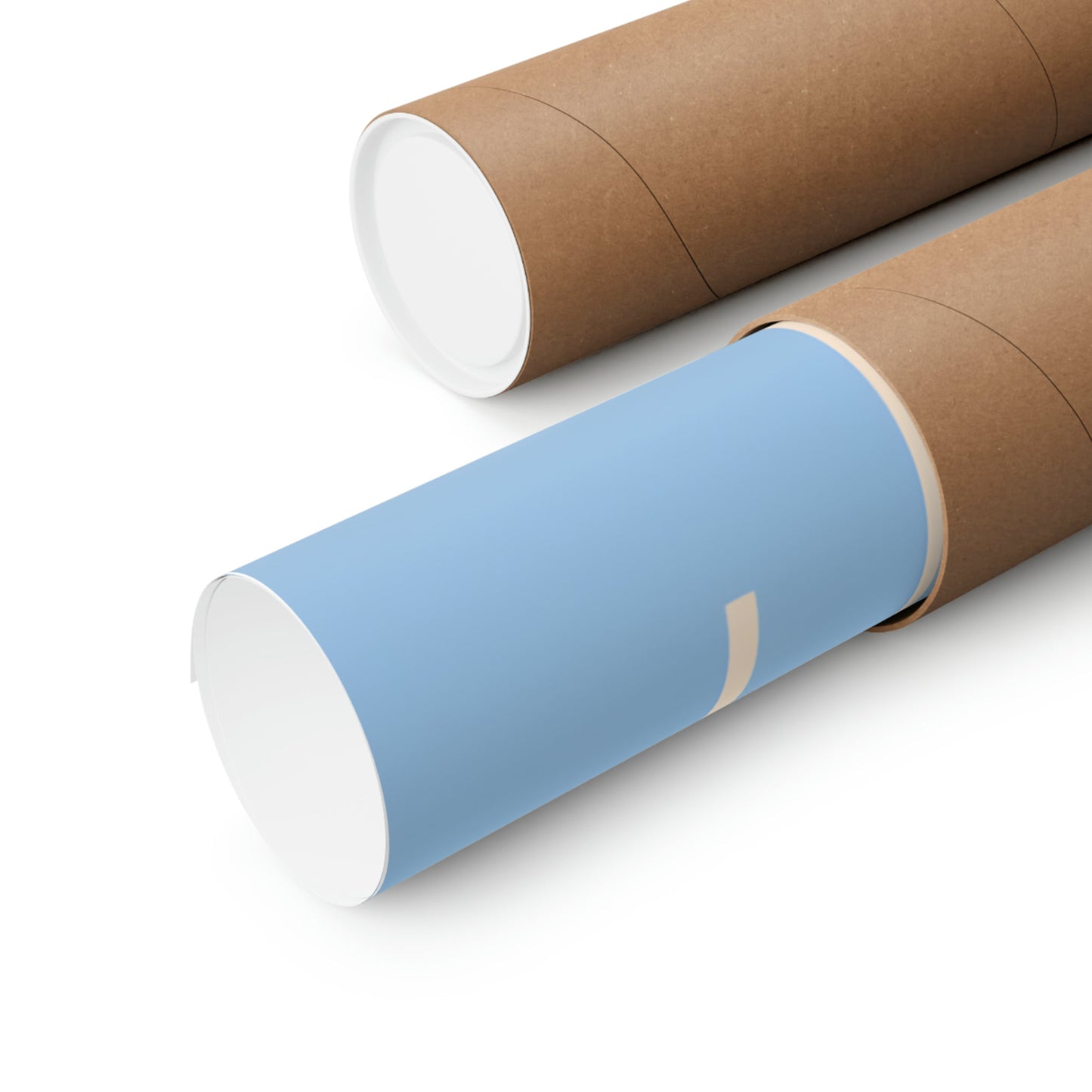 Two rolls of brown paper with blue paper on them