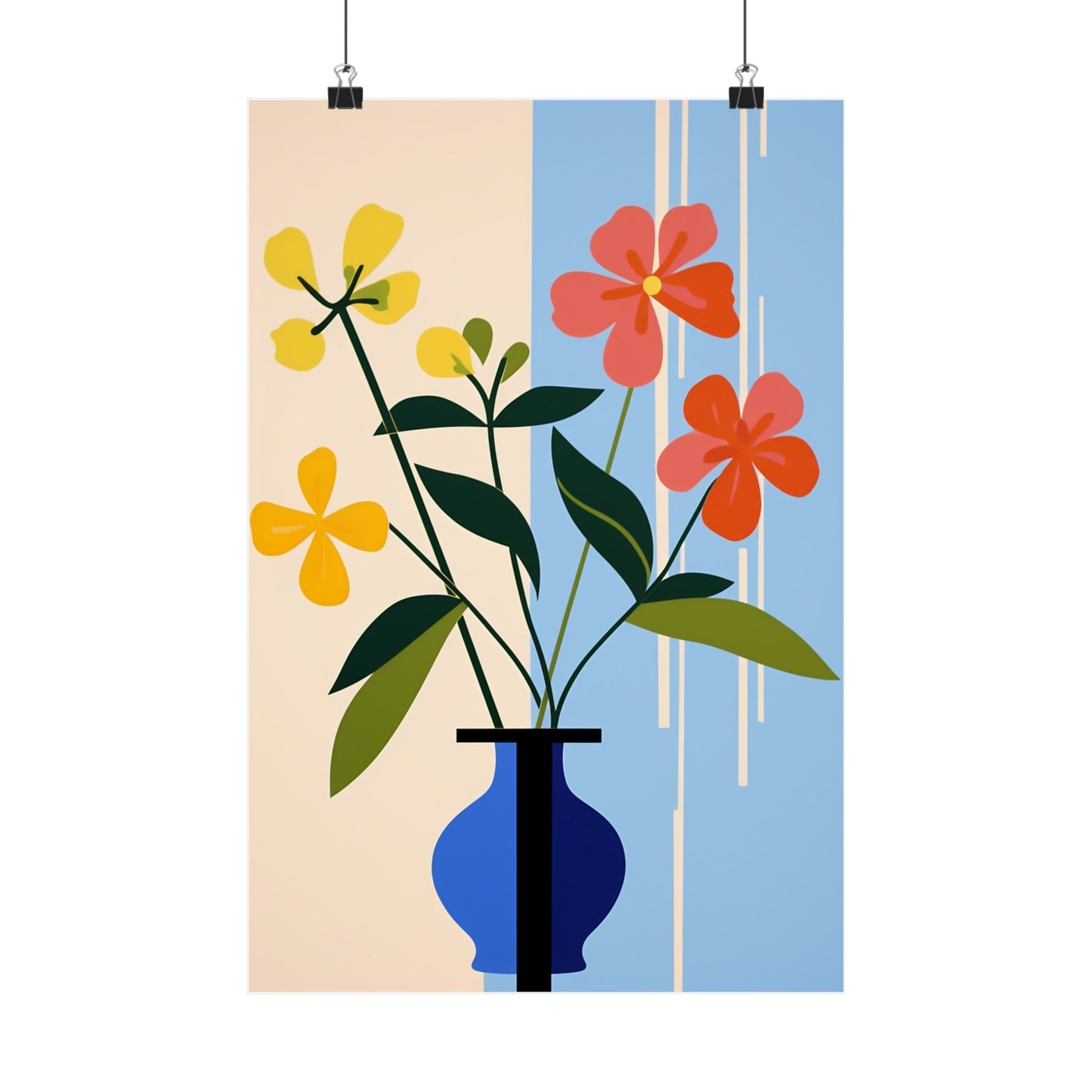 Colorful flowers in a blue vase, depicted in a stylized, graphic art style.