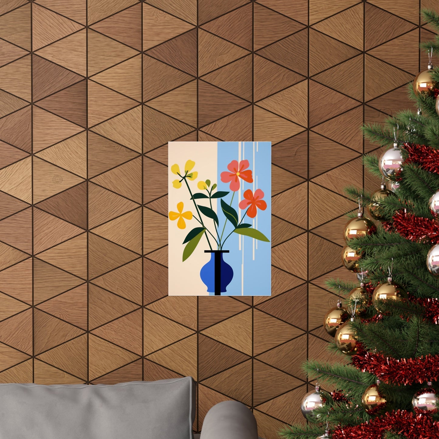 A christmas tree with a vase of flowers