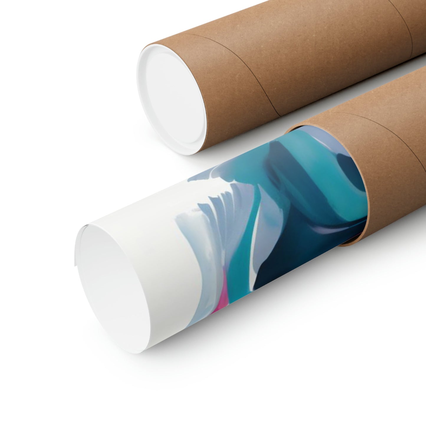Two rolls of brown paper with a blue and pink design