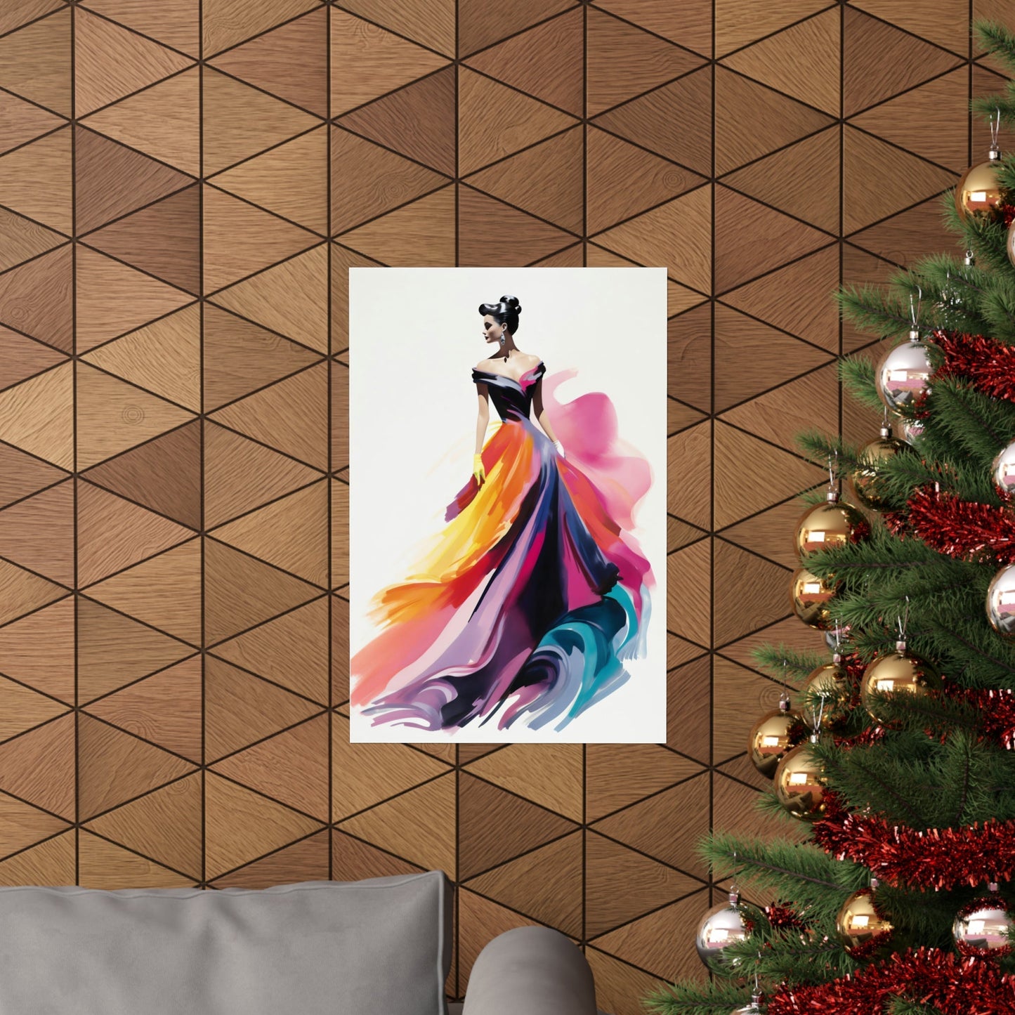 A christmas tree with a picture of a woman in a colorful dress