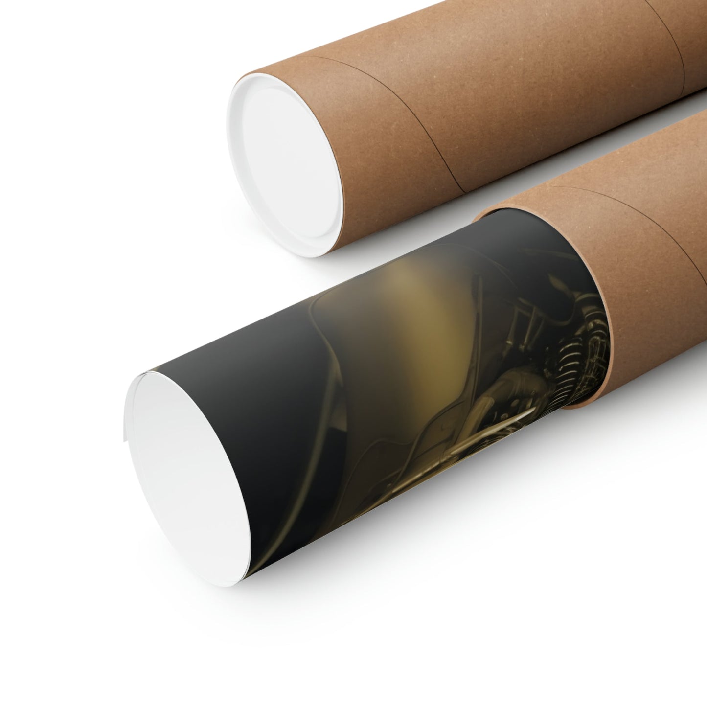Two rolls of brown paper with a black and white photo