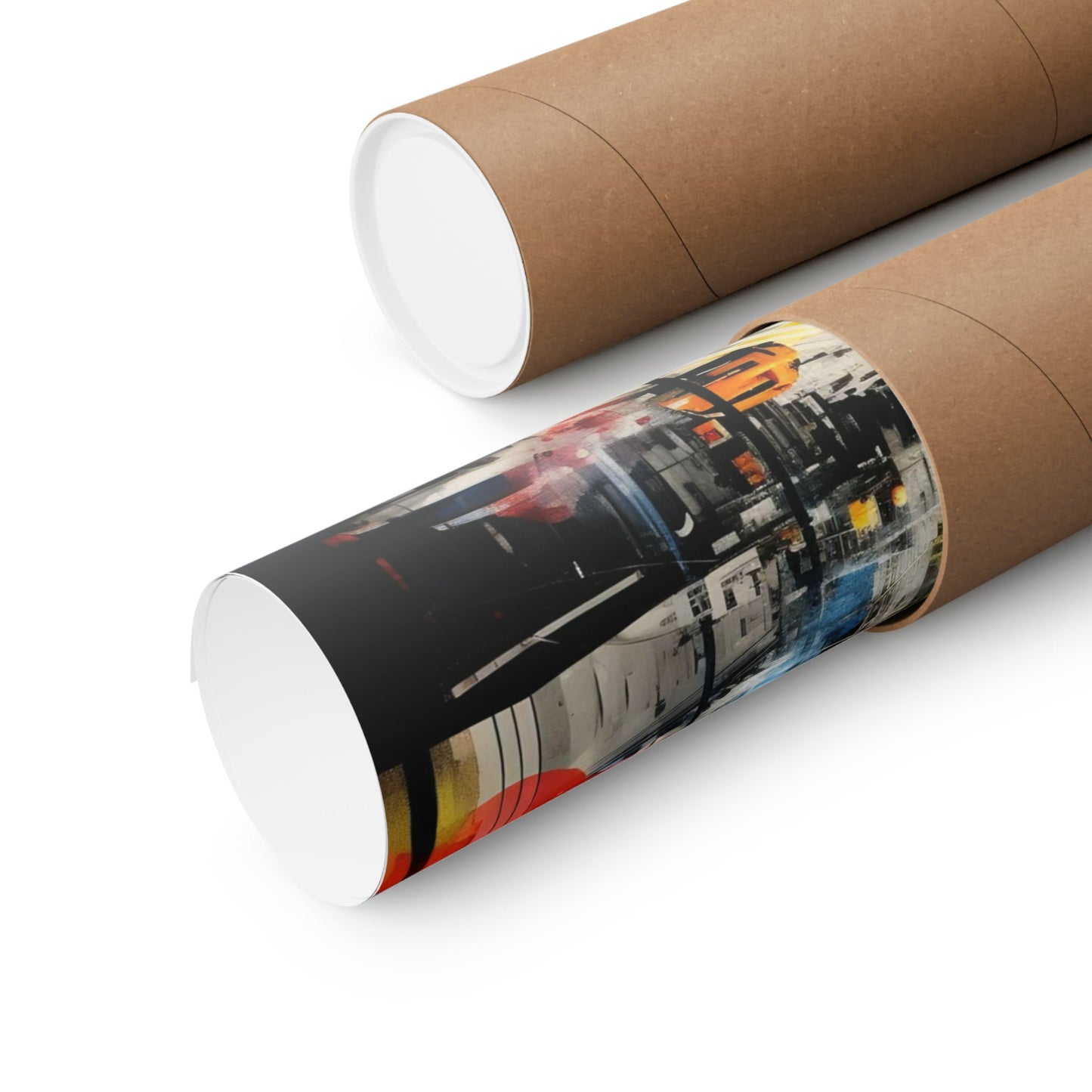 Cardboard shipping tubes, one plain and one with a colorful printed design.