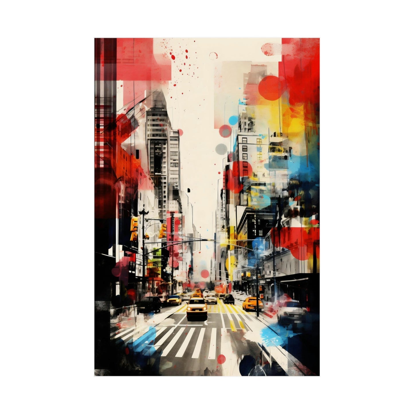 Abstract cityscape painting featuring vibrant colors and a busy urban street scene.