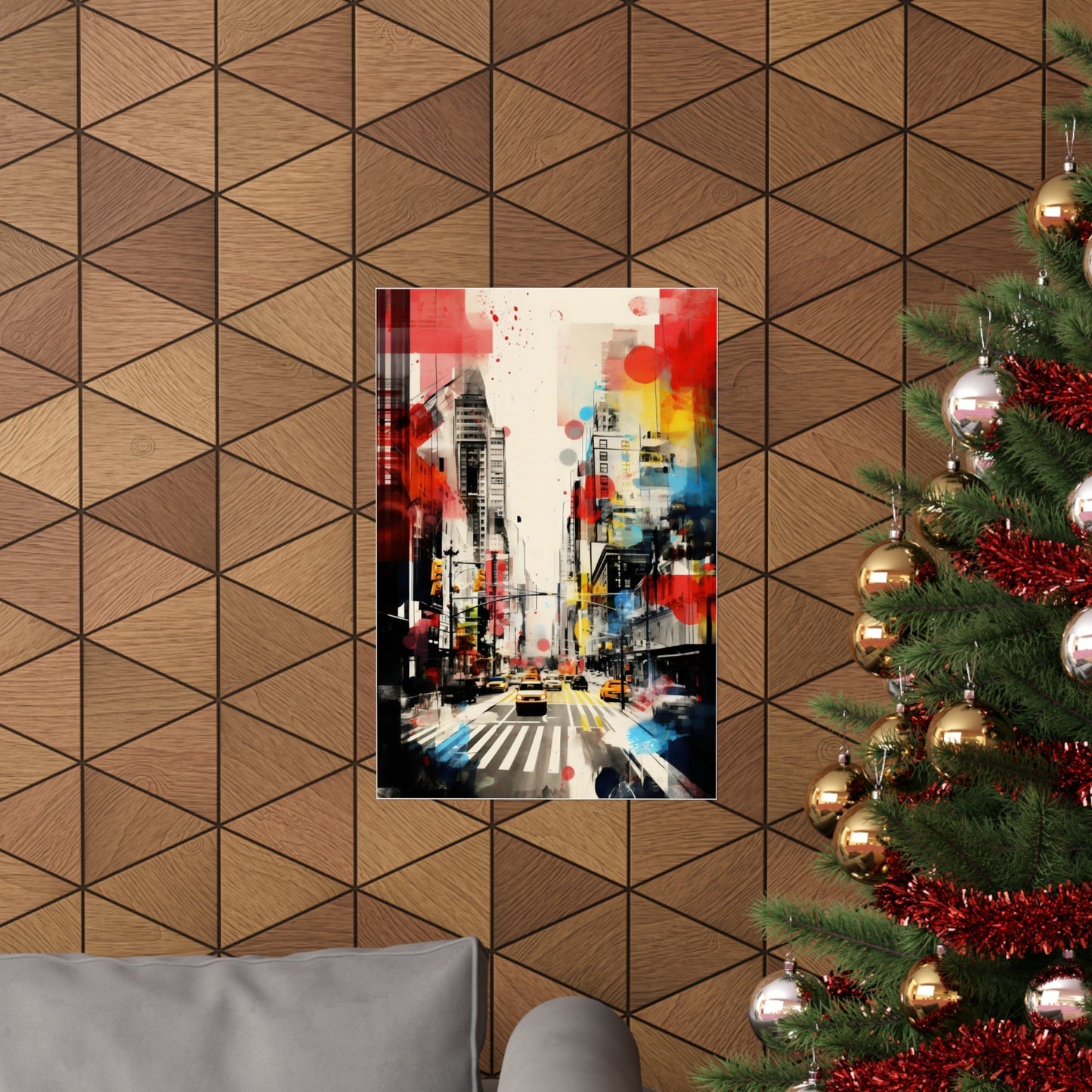 Colorful abstract cityscape painting depicting a bustling urban street scene.