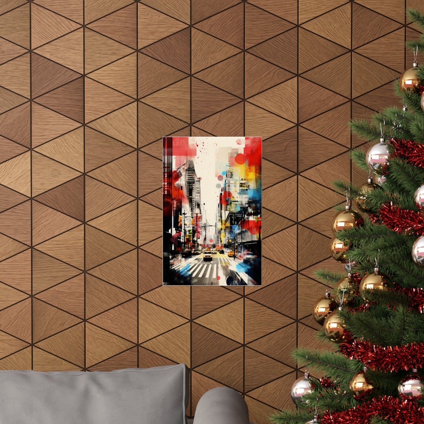 Decorated Christmas tree with gold ornaments and red tinsel.