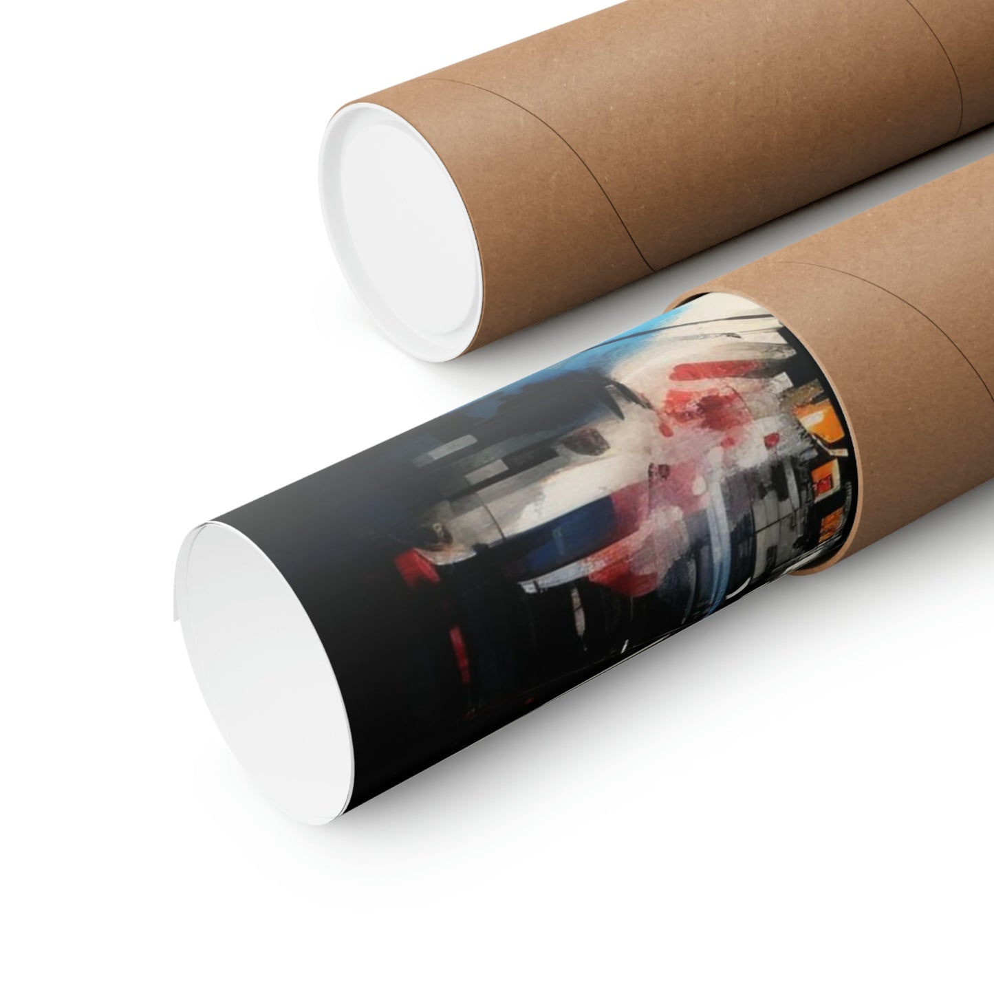 Cardboard tubes or mailing tubes, one plain and one with a colorful abstract design printed on it.