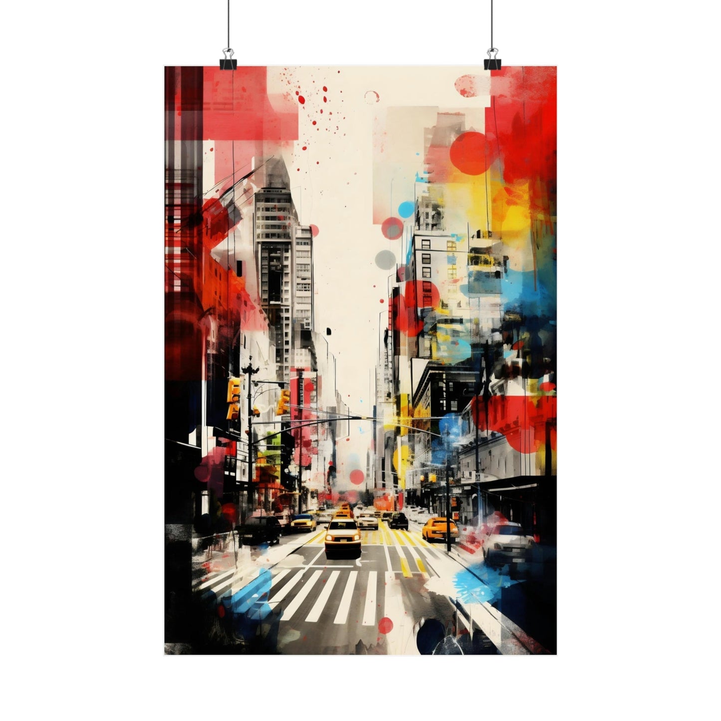 Abstract cityscape painting featuring vibrant splashes of color and urban elements.