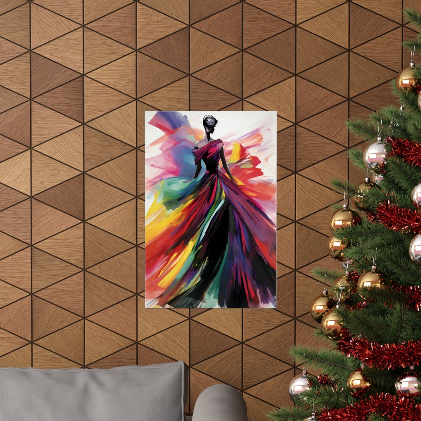 A christmas tree with a painting of a woman in a colorful dress